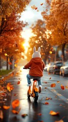 Wall Mural - Autumn Leaves Falling on a Person Riding a Scooter