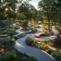 Poster - A winding path leads through a lush, colorful garden with benches and landscaping.