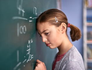 Aufkleber - Kid, blackboard and girl with maths, frustrated and stress with thinking, depression and education. School, student and writing with autism, learning and lazy with wonder, upset or emotion with anger
