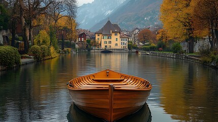 A wooden rowboat sits on a tranquil lake, with a quaint European village and mountains in the background.