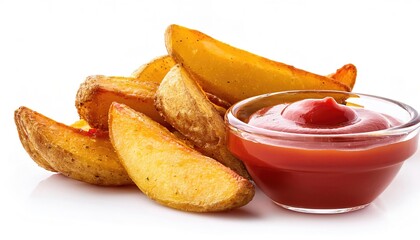 Potato wedges, skins or jojos are irregular wedge shaped slices of potato, often large and unpeeled, that are either baked or fried. isolated on white background with copy space