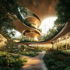 Canvas Print - A winding pathway leads through a lush green garden, surrounded by a futuristic, curved glass structure.