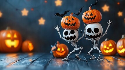 Wall Mural -   A pair of skeleton figures stand near jack-o'-lanterns in the background