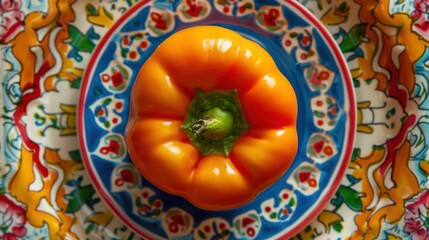 Canvas Print - Orange Pepper on Colorful Plate