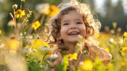 Happy child girl running with a kite in a summer meadow