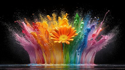 Poster -   A vibrant scene with splashed colors swirling around a serene body of water and a floral centerpiece graces the image