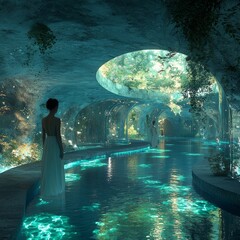 Sticker - A woman in a white dress stands on a stone pathway overlooking a blue-lit pool of water in a subterranean cavern.