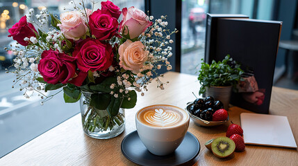 Poster -   A cup of coffee sits atop a wooden table, adjacent to a vase brimming with roses and diverse blossoms