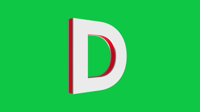 3D D letter logo rotating on green screen chroma key background, 4K English alphabet animation video clip