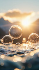 Poster - Soap bubbles floating on water with sunset