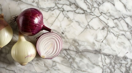 Wall Mural - Red and White Onions on Marble Background