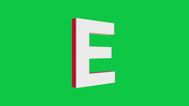3D E letter logo rotating on green screen chroma key background, 4K English alphabet animation video clip