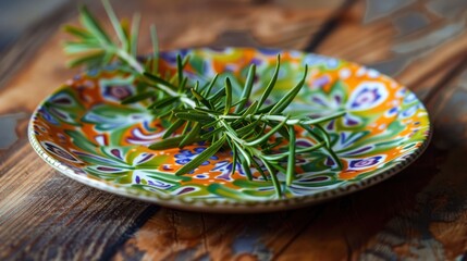 Wall Mural - Rosemary Sprig on a Colorful Plate