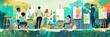 © pundapanda - Outdoor art class in action with a group of people painting on canvases. The scene captures the creative process with brushes and vibrant colors, set against a picturesque natural backdrop, banner