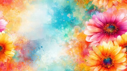 Poster -   A painting featuring multicolored flowers set against a backdrop of blue, yellow, and pink with room for inscription or insertion