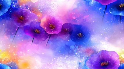 Canvas Print -   A stunning painting of vibrant purple and blue flowers against a calming blue-pink backdrop, adorned with droplets of water on their delicate petals