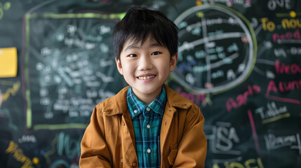 Happy, cute Asian kid boy school student looking at the camera against a blackboard background - smiling ethnic child pupil posing in a classroom - back to school in Asia concept