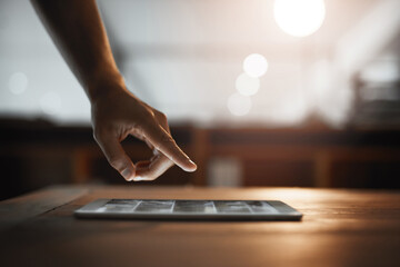 Poster - Hand, night and business with man, tablet and internet with digital app, connection and network. Closeup, person and professional in office, technology and social media with communication and evening
