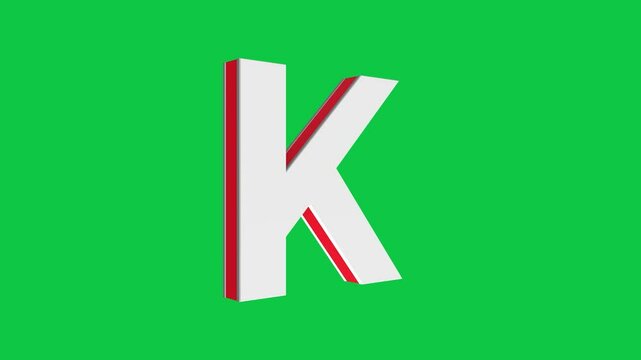 3D K letter logo rotating on green screen chroma key background, 4K English alphabet animation video clip