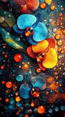 Wall Mural -   A painting featuring blue and yellow flowers against a dark backdrop, adorned with droplets of water on their petals