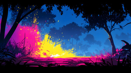 Poster - Vibrant Color Burst in a Silhouetted Forest