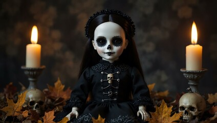 Wall Mural - Doll in gothic outfit with lit candles, autumn leaves, and a skull.