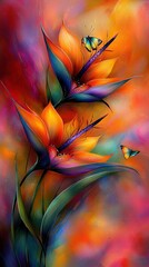 Poster -   A painting depicting a bloom with a butterfly perched atop it and another beneath it