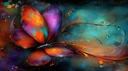 Poster -   A vibrant butterfly painted against a blue-orange backdrop with an abundance of bubbles at the base