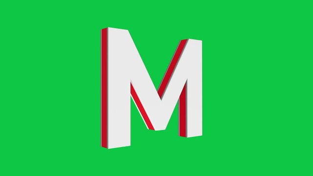 3D M letter logo rotating on green screen chroma key background, 4K English alphabet animation video clip