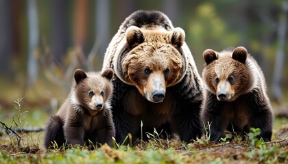 Wall Mural - Adorable Eurasian Brown Bear Cub Snuggling with Mother Bear