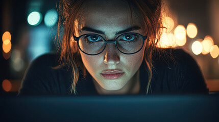 Sticker - Stressed Young Woman in Office Struggling with Work Problems on Laptop