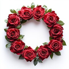 Wall Mural - A wreath of ten deep red roses with green leaves arranged in a circle on a white background.