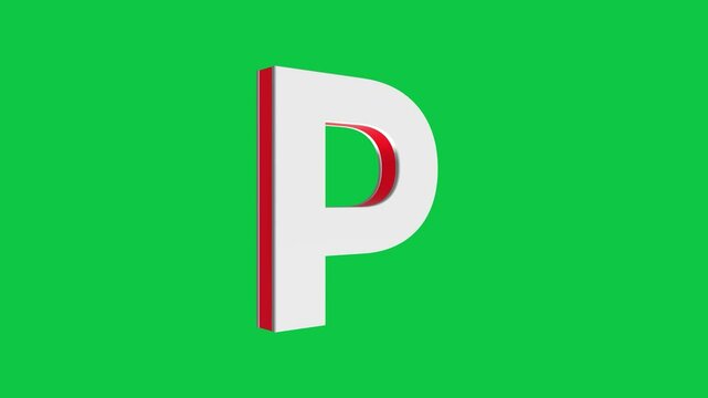 3D P letter logo rotating on green screen chroma key background, 4K English alphabet animation video clip