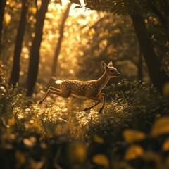 Poster - A young deer leaps through a sunlit forest, its spotted coat catching the light.