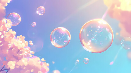 Canvas Print - Bubbles Floating in the Sky with Flowers