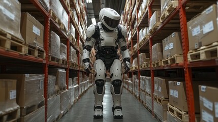 Poster - robotic exoskeleton navigating through a warehouse while performing logistics tasks