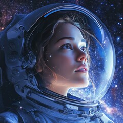 Wall Mural - A young woman in an astronaut's helmet gazes up at the stars with wonder and hope, representing the dream of space exploration and the future of humanity.