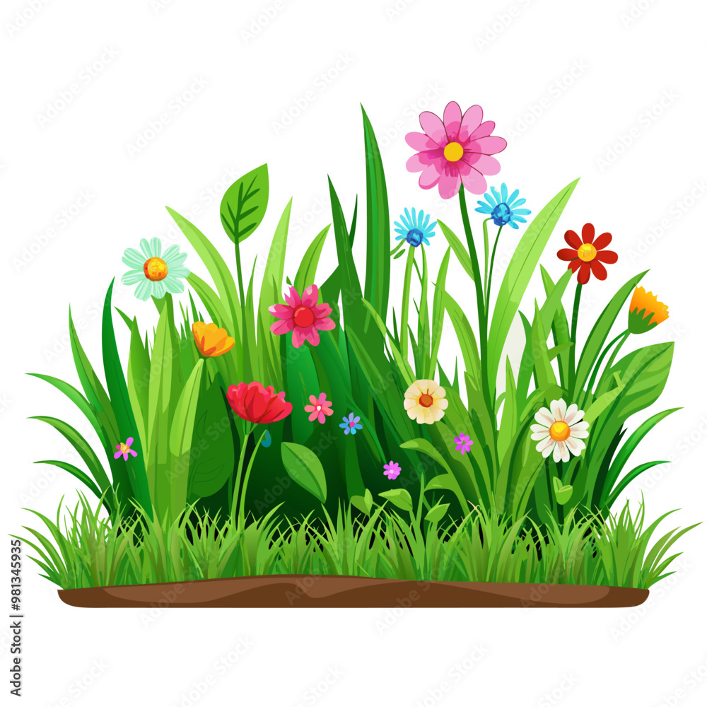 Realistic green grass border with flowers isolated on transparent ...