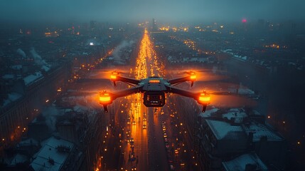 Poster - Drones navigate illuminated city streets at night to deliver packages efficiently