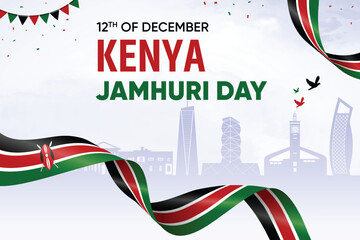 Kenya Flag Waving On Skyline Background. Jamhuri Day Concept Design Vector Illustration.