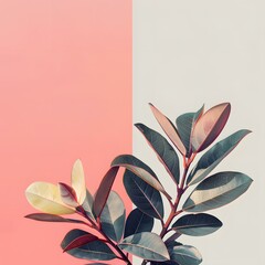 Wall Mural - Green Leaves on Pink and White Background