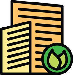 Poster - Modern office building with green leaf symbol representing environmental responsibility and sustainable practices
