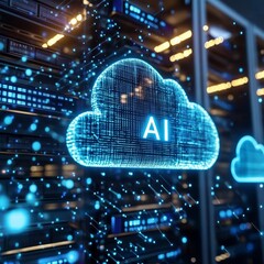 Poster - AI Cloud Computing, Artificial Intelligence, Glowing Cloud Icon in Server Room, Big Data Analysis