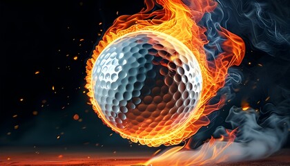 Wall Mural - Fiery Golf Challenge: A Surreal Encounter of Speed and Intensity with a Flaming Golf Ball Surrounded by Smoke