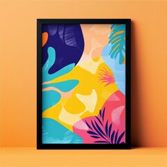 Wall Mural - Abstract art print in a black frame with a yellow background and various colorful shapes and leaves.