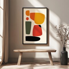 Wall Mural - Abstract art print with geometric shapes in yellow, orange, red, black, and green, framed and displayed on a wall.