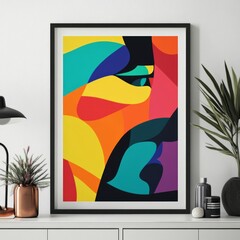 Wall Mural - Abstract art print with vibrant colors and geometric shapes, framed on a white wall.