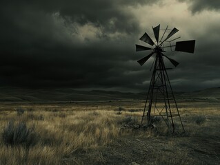 Wall Mural - A rustic windmill stands alone against a moody, dark sky, surrounded by golden grass, capturing a serene yet dramatic rural landscape.