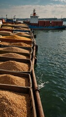 Sticker - Efficient transportation of food grains by boat in port logistics.