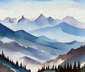 Oil painting . Mountain landscape . Pattern to print for wall decorations.